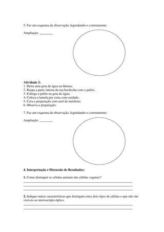 5. Faz um esquema da observação, legendando-o corretamente:

Ampliação: ________




Atividade 2:
1. Deita uma gota de água na lâmina;
2. Raspa a parte interna da tua bochecha com o palito;
3. Esfrega o palito na gota de água;
4. Coloca a lamela por cima com cuidado;
5. Cora a preparação com azul de metileno;
6. Observa a preparação;

7. Faz um esquema da observação, legendando-o corretamente:

Ampliação: ________




4. Interpretação e Discussão de Resultados:

1. Como distinguir as células animais das células vegetais?
__________________________________________________________________
__________________________________________________________________
__________________________________________________________________

2. Indique outras características que distingam estes dois tipos de células e que não são
visíveis ao microscópio óptico.
__________________________________________________________________
__________________________________________________________________
 