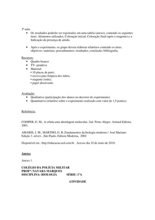 3ª aula:
    • Os resultados poderão ser registrados em uma tabela (anexo), contendo os seguintes
         itens: Alimentos utilizados, Coloração inicial, Coloração final (após o reagente) e a
         Indicação da presença de amido.

   •   Após o experimento, os grupo devem elaborar relatórios contendo os itens:
       objetivos; materiais; procedimentos; resultados; conclusão; bibliografia.

Recursos:
   • Quadro branco
   • TV- pendrive
   • Material:
      • 10 placas de petri;
      • escova para limpeza dos tubos;
      • reagente (iodo);
      • papel absorvente.


Avaliação:
   • Qualitativa (participação dos alunos no decorrer do experimento)
   • Quantitativa (relatório sobre o experimento realizado com valor de 1,5 pontos)


Referência:


COOPER, G. M., A célula uma abordagem molecular, 2ed. Porto Alegre: Artmed Editora,
2001.

AMABIS, J. M., MARTHO, G. R.,Fundamentos da biologia moderna / José Mariano
Edição 3. ed.rev. ,São Paulo, Editora Moderna, 2002

Disponível em : http://educacao.uol.com.br .Acesso dia 10 de maio de 2010:


Anexo:

Anexo 1.

COLÉGIO DA POLÍCIA MILITAR
PROFª: NAYARA MARQUES
DISCIPLINA: BIOLOGIA     SÉRIE: 1ºA

                                       ATIVIDADE
 
