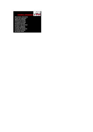 CIRANDA, CIRANDINHA
Mitocôndria, mitocôndria
É quem faz respiração
Ribossomo sintetiza
Proteínas de montão
O complexo de Golgi
Armazena secreção
Lisossomo tem enzimas
Pra fazer a digestão
O reticulo apresenta
A função de transportar
O centríolo participa
Da divisão celular
 