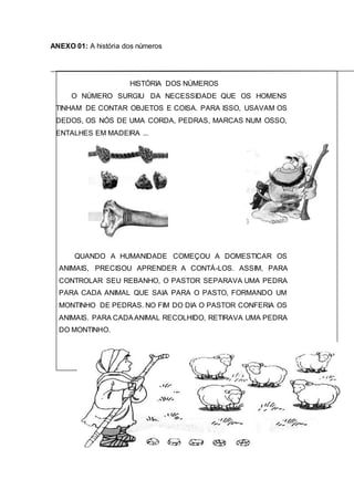 ANEXO 01: A história dos números
HISTÓRIA DOS NÚMEROS
O NÚMERO SURGIU DA NECESSIDADE QUE OS HOMENS
TINHAM DE CONTAR OBJETOS E COISA. PARA ISSO, USAVAM OS
DEDOS, OS NÓS DE UMA CORDA, PEDRAS, MARCAS NUM OSSO,
ENTALHES EM MADEIRA ...
QUANDO A HUMANIDADE COMEÇOU A DOMESTICAR OS
ANIMAIS, PRECISOU APRENDER A CONTÁ-LOS. ASSIM, PARA
CONTROLAR SEU REBANHO, O PASTOR SEPARAVA UMA PEDRA
PARA CADA ANIMAL QUE SAIA PARA O PASTO, FORMANDO UM
MONTINHO DE PEDRAS. NO FIM DO DIA O PASTOR CONFERIA OS
ANIMAIS. PARA CADAANIMAL RECOLHIDO, RETIRAVA UMA PEDRA
DO MONTINHO.
 