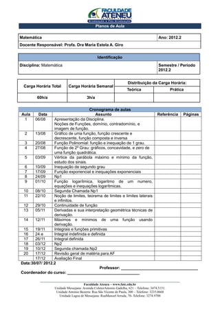 Planos de Aula

Matemática                                                                        Ano: 2012.2
Docente Responsável: Profa. Dra Maria Estela A. Giro


                                             Identificação
Disciplina: Matemática                                                            Semestre / Período
                                                                                  2012.2


                                                               Distribuição da Carga Horária:
  Carga Horária Total      Carga Horária Semanal
                                                               Teórica                    Prática
         60h/a                        3h/a

                                      Cronograma de aulas
Aula     Data                            Assunto                         Referência Páginas
 1      06/08    Apresentação da Disciplina.
                 Noções de Funções, domínio, contradomínio, e
                 imagem de função.
  2    13/08     Gráfico de uma função, função crescente e
                 decrescente, função composta e inversa
  3    20/08     Função Polinomial: função e inequação de 1 grau.
  4    27/08     Função de 2o Grau: gráficos, concavidade, e zero de
                 uma função quadrática.
  5    03/09     Vértice da parábola máximo e mínimo da função,
                 estudo dos sinais.
  6    10/09     Inequação de segundo grau
  7    17/09     Função exponencial e inequações exponenciais
  8    24/09     Np1
  9    01/10     Função logarítmica, logaritmo de um numero,
                 equações e inequações logarítmicas.
 10    08/10     Segunda Chamada Np1
 11    22/10     Noção de limites, teorema de limites e limites laterais
                 e infinitos.
 12    29/10     Continuidade de função
 13    05/11     Derivadas e sua interpretação geométrica técnicas de
                 derivação.
 14    12/11     Máximos e mínimos de uma função usando
                 derivação.
 15    19/11     Integrais e funções primitivas
 16    24 e      Integral indefinida e definida
 17    26/11     Integral definida
 18    03/12     Np2
 19    10/12     Segunda chamada Np2
 20    17/12     Revisão geral de matéria para AF
       17/12     Avaliação Final
Data:30/07/ 2012.2
                                            Professor: __________________________________
Coordenador do curso: ________________________________
          ____________________________________________________________________________________
                                       Faculdade Ateneu – www.fate.edu.br
                   Unidade Messejana: Avenida ColetorAntonio Gadelha, 621 – Telefone: 3474.5151.
                    Unidade Antonio Bezerra: Rua São Vicente de Paula, 300 – Telefone: 3235.0668
                      Unidade Lagoa de Messejana: RuaManoel Arruda, 70- Telefone: 3274.9700
 