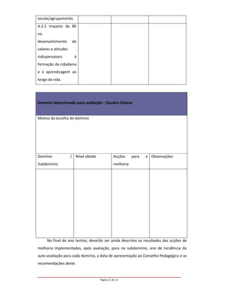 escola/agrupamento.
A.2.5 Impacto da BE
no
desenvolvimento       de
valores e atitudes
indispensáveis         à
formação da cidadania
e à aprendizagem ao
longo da vida.




Domínio Seleccionado para avaliação – Quadro Síntese


Motivo da escolha do domínio




Domínio              / Nível obtido              Acções     para   a Observações
Subdomínio                                       melhoria




     No final do ano lectivo, deverão ser ainda descritos os resultados das acções de
melhoria implementadas, após avaliação, para no subdomínio, ano de incidência da
auto-avaliação para cada domínio, a data de apresentação ao Conselho Pedagógico e as
recomendações deste.


                                      Página 11 de 12
 