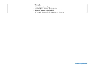 •   Motivação
•   Aumento da auto-confiança
•   Incremento na literacia de informação
•   Aquisição de novos conhecimentos
•   Orientação na definição de acções para a melhoria




                                                        Sílvia da Veiga Bastos
 