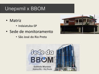 Unepxmil x BBOM
• Matriz
• Indaiatuba-SP
• Sede de monitoramento
• São José do Rio Preto
 