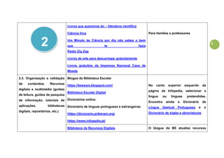 4
Livros que queremos ler – literatura científica
Ciência Viva
Um Minuto de Ciência por dia não sabes o bem
que te fazia
Rádio Zig Zag
Livros de arte para descarregar gratuitamente
Livros gratuitos da Imprensa Nacional Casa da
Moeda
Para famílias e professores
2.3. Organização e validação
de conteúdos. Recursos
digitais e multimédia (guiões
de leitura, guiões de pesquisa
de informação, tutoriais de
aplicações, bibliotecas
digitais, repositórios, etc.)
Blogue da Biblioteca Escolar
https://beesars.blogspot.com/
Biblioteca Escolar Digital
Dicionários online:
Dicionário de línguas portuguesa e estrangeiras
https://dicionario.priberam.org/
https://www.infopedia.pt/
No canto superior esquerdo da
página da Infopedia, selecionar a
língua ou línguas pretendidas.
Encontra ainda o Dicionário de
Língua Gestual Portuguesa e o
Dicionário de siglas e abreviaturas
Biblioteca de Recursos Digitais O blogue da BE atualiza recursos
2
 