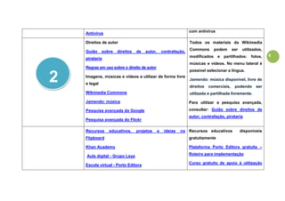 6
Antivírus
com antivírus
Direitos de autor
Guião sobre direitos de autor, contrafação,
pirataria
Regras em uso sobre o direito de autor
Imagens, músicas e vídeos a utilizar de forma livre
e legal
Wikimedia Commons
Jamendo: música
Pesquisa avançada do Google
Pesquisa avançada do Flickr
Todos os materiais da Wikimedia
Commons podem ser utilizados,
modificados e partilhados: fotos,
músicas e vídeos. No menu lateral é
possível selecionar a língua.
Jamendo: música disponível, livre de
direitos comerciais, podendo ser
utilizada e partilhada livremente.
Para utilizar a pesquisa avançada,
consultar: Guião sobre direitos de
autor, contrafação, pirataria
Recursos educativos, projetos e ideias no
Flipboard
Khan Academy
Aula digital - Grupo Leya
Escola virtual - Porto Editora
Recursos educativos disponíveis
gratuitamente
Plataforma Porto Editora gratuita –
Roteiro para implementação
Curso gratuito de apoio à utilização
2
 