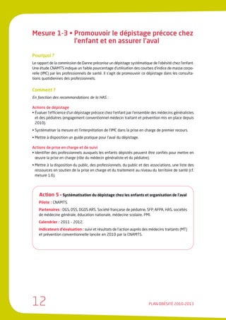 Mesure 1-3 • Promouvoir le dépistage précoce chez
             l’enfant et en assurer l’aval

Pourquoi ?
Le rapport de la commission de Danne préconise un dépistage systématique de l’obésité chez l’enfant.
Une étude CNAMTS indique un faible pourcentage d’utilisation des courbes d’indice de masse corpo-
relle (IMC) par les professionnels de santé. Il s’agit de promouvoir ce dépistage dans les consulta-
tions quotidiennes des professionnels.


Comment ?
En fonction des recommandations de la HAS :

Actions de dépistage
• Évaluer l’efficience d’un dépistage précoce chez l’enfant par l’ensemble des médecins généralistes
  et des pédiatres (engagement conventionnel médecin traitant et prévention mis en place depuis
  2010).
• Systématiser la mesure et l’interprétation de l’IMC dans la prise en charge de premier recours.
• Mettre à disposition un guide pratique pour l’aval du dépistage.

Actions de prise en charge et de suivi
• Identifier des professionnels auxquels les enfants dépistés peuvent être confiés pour mettre en
  œuvre la prise en charge (rôle du médecin généraliste et du pédiatre).
• Mettre à la disposition du public, des professionnels, du public et des associations, une liste des
  ressources en soutien de la prise en charge et du traitement au niveau du territoire de santé (cf.
  mesure 1.6).




    Action 5 • Systématisation du dépistage chez les enfants et organisation de l’aval
    Pilote : CNAMTS.
    Partenaires : DGS, DSS, DGOS ARS, Société française de pédiatrie, SFP, AFPA, HAS, sociétés
    de médecine générale, éducation nationale, médecine scolaire, PMI.
    Calendrier : 2011 - 2012.
    Indicateurs d’évaluation : suivi et résultats de l’action auprès des médecins traitants (MT)
    et prévention conventionnelle lancée en 2010 par la CNAMTS.




12                                                                      PLAN OBÉSITÉ 2010-2013
 