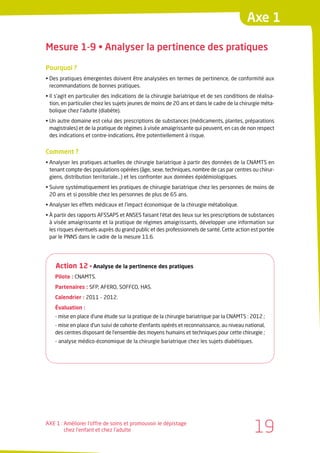 Axe 1

Mesure 1-9 • Analyser la pertinence des pratiques

Pourquoi ?
• Des pratiques émergentes doivent être analysées en termes de pertinence, de conformité aux
  recommandations de bonnes pratiques.
• Il s’agit en particulier des indications de la chirurgie bariatrique et de ses conditions de réalisa-
  tion, en particulier chez les sujets jeunes de moins de 20 ans et dans le cadre de la chirurgie méta-
  bolique chez l’adulte (diabète).
• Un autre domaine est celui des prescriptions de substances (médicaments, plantes, préparations
  magistrales) et de la pratique de régimes à visée amaigrissante qui peuvent, en cas de non respect
  des indications et contre-indications, être potentiellement à risque.


Comment ?
• Analyser les pratiques actuelles de chirurgie bariatrique à partir des données de la CNAMTS en
  tenant compte des populations opérées (âge, sexe, techniques, nombre de cas par centres ou chirur-
  giens, distribution territoriale…) et les confronter aux données épidémiologiques.
• Suivre systématiquement les pratiques de chirurgie bariatrique chez les personnes de moins de
  20 ans et si possible chez les personnes de plus de 65 ans.
• Analyser les effets médicaux et l’impact économique de la chirurgie métabolique.
• À partir des rapports AFSSAPS et ANSES faisant l’état des lieux sur les prescriptions de substances
  à visée amaigrissante et la pratique de régimes amaigrissants, développer une information sur
  les risques éventuels auprès du grand public et des professionnels de santé. Cette action est portée
  par le PNNS dans le cadre de la mesure 11.6.




    Action 12 • Analyse de la pertinence des pratiques
    Pilote : CNAMTS.
    Partenaires : SFP, AFERO, SOFFCO, HAS.
    Calendrier : 2011 - 2012.
    Évaluation :
    - mise en place d’une étude sur la pratique de la chirurgie bariatrique par la CNAMTS : 2012 ;
    - mise en place d’un suivi de cohorte d’enfants opérés et reconnaissance, au niveau national,
    des centres disposant de l’ensemble des moyens humains et techniques pour cette chirurgie ;
    - analyse médico-économique de la chirurgie bariatrique chez les sujets diabétiques.




AXE 1 : Améliorer l’offre de soins et promouvoir le dépistage
        chez l’enfant et chez l’adulte                                                        19
 