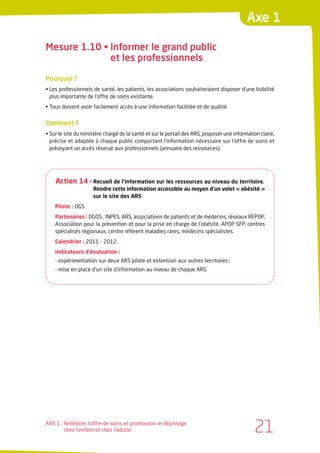 Axe 1

Mesure 1.10 • Informer le grand public
              et les professionnels

Pourquoi ?
• Les professionnels de santé, les patients, les associations souhaiteraient disposer d’une lisibilité
  plus importante de l’offre de soins existante.
• Tous doivent avoir facilement accès à une information facilitée et de qualité.


Comment ?
• Sur le site du ministère chargé de la santé et sur le portail des ARS, proposer une information claire,
  précise et adaptée à chaque public comportant l’information nécessaire sur l’offre de soins et
  prévoyant un accès réservé aux professionnels (annuaire des ressources).




    Action 14 • Recueil de l’information sur les ressources au niveau du territoire.
                     Rendre cette information accessible au moyen d’un volet « obésité »
                     sur le site des ARS
    Pilote : DGS.
    Partenaires : DGOS , INPES, ARS, associations de patients et de médecins, réseaux REPOP,
    Association pour la prévention et pour la prise en charge de l’obésité, APOP SFP, centres
    spécialisés régionaux, centre référent maladies rares, médecins spécialistes.
    Calendrier : 2011 - 2012.
    Indicateurs d’évaluation :
    - expérimentation sur deux ARS pilote et extension aux autres territoires ;
    - mise en place d’un site d’information au niveau de chaque ARS.




AXE 1 : Améliorer l’offre de soins et promouvoir le dépistage
        chez l’enfant et chez l’adulte                                                         21
 