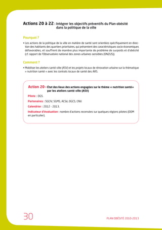 Actions 20 à 22 : Intégrer les objectifs préventifs du Plan obésité
                             dans la politique de la ville


Pourquoi ?
• Les actions de la politique de la ville en matière de santé sont orientées spécifiquement en direc-
  tion des habitants des quartiers prioritaires, qui présentent des caractéristiques socio-économiques
  défavorables, et souffrent de manière plus importante de problème de surpoids et d’obésité
  (cf. rapport de l’Observatoire national des zones urbaines sensibles (ONZUS)).


Comment ?
• Mobiliser les ateliers santé ville (ASV) et les projets locaux de rénovation urbaine sur la thématique
  « nutrition santé » avec les contrats locaux de santé des ARS.




    Action 20 • État des lieux des actions engagées sur le thème « nutrition santé»
                     par les ateliers santé ville (ASV)
    Pilote : DGS.
    Partenaires : SGCIV, SGMS, ACSé, DGCS, CNV.
    Calendrier : 2012 - 2013.
    Indicateur d’évaluation : nombre d’actions recensées sur quelques régions pilotes (DOM
    en particulier).




30                                                                         PLAN OBÉSITÉ 2010-2013
 