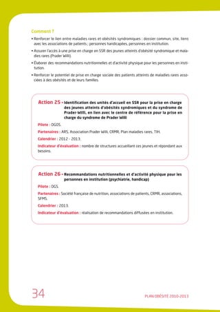 Comment ?
• Renforcer le lien entre maladies rares et obésités syndromiques : dossier commun, site, liens
  avec les associations de patients ; personnes handicapées, personnes en institution.
• Assurer l’accès à une prise en charge en SSR des jeunes atteints d’obésité syndromique et mala-
  dies rares (Prader Willi).
• Élaborer des recommandations nutritionnelles et d’activité physique pour les personnes en insti-
  tution.
• Renforcer le potentiel de prise en charge sociale des patients atteints de maladies rares asso-
  ciées à des obésités et de leurs familles.




    Action 25 • Identification des unités d’accueil en SSR pour la prise en charge
                     des jeunes atteints d’obésités syndromiques et du syndrome de
                     Prader-Willi, en lien avec le centre de référence pour la prise en
                     charge du syndrome de Prader Willi
    Pilote : DGOS.
    Partenaires : ARS, Association Prader Willi, CRMR, Plan maladies rares, TIH.
    Calendrier : 2012 - 2013.
    Indicateur d’évaluation : nombre de structures accueillant ces jeunes et répondant aux
    besoins.




    Action 26 • Recommandations nutritionnelles et d’activité physique pour les
                     personnes en institution (psychiatrie, handicap)
    Pilote : DGS.
    Partenaires : Société française de nutrition, associations de patients, CRMR, associations,
    SFMS.
    Calendrier : 2013.
    Indicateur d’évaluation : réalisation de recommandations diffusées en institution.




34                                                                     PLAN OBÉSITÉ 2010-2013
 