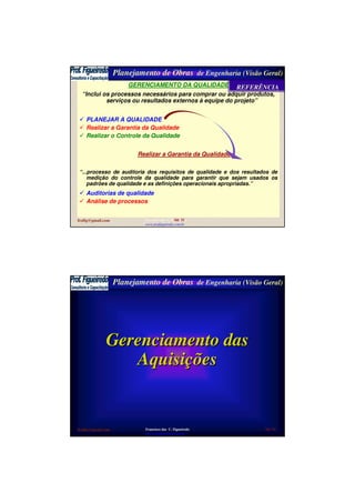 Planejamento de Obras de Engenharia (Visão Geral)
fcofig@gmail.com Francisco das C. Figueiredo
www.profigueiredo.com.br
Sld 55
GERENCIAMENTO DA QUALIDADE
“Inclui os processos necessários para comprar ou adquir produtos,
serviços ou resultados externos à equipe do projeto”
PLANEJAR A QUALIDADE
Realizar a Garantia da Qualidade
Realizar o Controle da Qualidade
Realizar a Garantia da Qualidade
“...processo de auditoria dos requisitos de qualidade e dos resultados de
medição do controle da qualidade para garantir que sejam usados os
padrões de qualidade e as definições operacionais apropriadas.”
Auditorias de qualidade
Análise de processos
REFERÊNCIAREFERÊNCIA
Planejamento de Obras de Engenharia (Visão Geral)
fcofig@gmail.com Francisco das C. Figueiredo
www.profigueiredo.com.br
Sld 56
Gerenciamento dasGerenciamento das
AquisiAquisiççõesões
 