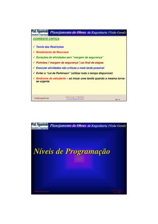 Planejamento de Obras de Engenharia (Visão Geral)
fcofig@gmail.com
Francisco das C. Figueiredo
www.prof-figueiredo.eng.br Sld 11
CORRENTE CRÍTICA
Teoria das Restrições
Nivelamento de Recursos
Durações de atividades sem “margem de segurança”
Pulmões (“margem de segurança”) ao final de etapas
Executar atividades não críticas o mais tarde possível
Evitar a “Lei de Parkinson” (utilizar todo o tempo disponível)
Síndrome do estudante – só inicar uma tarefa quando a mesma torna-
se urgente
Planejamento de Obras de Engenharia (Visão Geral)
fcofig@gmail.com
Francisco das C.
Figueiredo
www.prof-
Sld 12
NNííveis de Programaveis de Programaççãoão
 