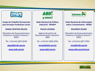Grupo de Trabalho Permanente       Rede Nacional de Política     Rede Nacional de Informações
para Arranjos Produtivos Locais       Industrial - RENAPI        sobre o Investimento - RENAI

   MARIA CRISTINA MILANI               PAULO LACERDA                   EDUARDO CELINO
Ministério do Desenvolvimento,       Agência Brasileira de       Ministério do Desenvolvimento,
Indústria e Comércio Exterior –   Desenvolvimento Industrial -   Indústria e Comércio Exterior –
             MDIC                            ABDI                             MDIC
   Tel.: (+55+61) 2027-8259        Tel.: (+55+61) 3962-8701         Tel.: (+55+61) 2027-7055
     gtpapl@mdic.gov.br              renapi@abdi.com.br                renai@mdic.gov.br
      www.mdic.gov.br                  www.abdi.com.br              www.mdic.gov.br/renai
 