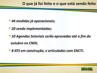 O que já foi feito e o que está sendo feito


• 44 medidas já operacionais;
• 20 sendo implementadas;
• 10 Agendas Setoriais serão aprovadas até o fim do
 outubro no CNDI;

• 8 ATS em construção, e articuladas com ENCTI.
 