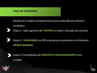 FOCO DA CAMPANHADivisão em 3 etapas complementares para obtenção de melhores resultados.Etapa 1:  Ação agressiva de TASTING no trade e ativação do conceito.Etapa 2:  VISIBILIDADE no PDV e presença conveniente em diferentes OPORTUNIDADES.Etapa 3: Consolidação do CONCEITO E RELACIONAMENTO com o target. 