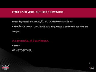 ETAPA 1: SETEMBRO, OUTUBRO E NOVEMBROFoco: degustação e ATIVAÇÃO DO CONSUMO através da CRIAÇÃO DE OPORTUNIDADES para esquentas e entretenimento entreamigos.JÁ É DIVERSÃO. JÁ É CAIPIROSKA.Como?GAME TOGETHER.