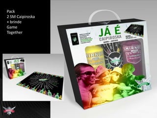 Gera EXPERIÊNCIA COM A MARCA, associada a uma tendência e a momentos divertidos, ampliando as possibilidades de relacionamento.NO PONTO DE VENDA, JÁ É CAIPIROSKA.Estratégia Promocional:PACK VAP´S2 SMIRNOFF CAIPIROSKA +  BRINDE PARA OCASIÃO DE CONSUMO.    (GAME TOGETHER)Por que optamos por formato VAP´s (valor agregado)?Porque Pack Conceito é mais adequado a grandes marcas (mainstream).