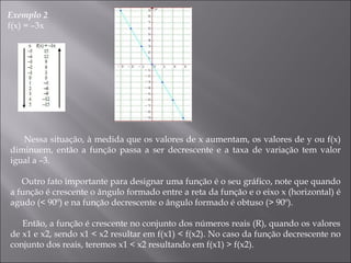 Exemplo 2  f(x) = –3x  Nessa situação, à medida que os valores de x aumentam, os valores de y ou f(x) diminuem, então a função passa a ser decrescente e a taxa de variação tem valor igual a –3.   Outro fato importante para designar uma função é o seu gráfico, note que quando a função é crescente o ângulo formado entre a reta da função e o eixo x (horizontal) é agudo (< 90º) e na função decrescente o ângulo formado é obtuso (> 90º).   Então, a função é crescente no conjunto dos números reais (R), quando os valores de x1 e x2, sendo x1 < x2 resultar em f(x1) < f(x2). No caso da função decrescente no conjunto dos reais, teremos x1 < x2 resultando em f(x1) > f(x2).  