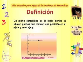 Un plano cartesiano es el lugar donde se
ubican puntos que indican una posición en el
eje X y en el eje y.