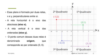 • Esse plano é formado por duas retas,
x e y, perpendiculares entre si.
• A reta horizontal é o eixo das
abscissas (eixo x).
• A reta vertical é o eixo das
ordenadas (eixo y).
• O ponto comum dessas duas retas é
denominado origem, que
corresponde ao par ordenado (0, 0).
8 / 9 / 2 0 2 3 S A M P L E F O O T E R T E X T 3
 