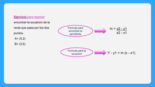 Ejercicio para resolver
encontrar la ecuacion de la
recta que pasa por los dos
puntos.
A= (5,2)
B= (3,6)
Formula para
encontrar la
pendiente
m = y2 - y1
x2 - x1
Formula para la
ecuacion Y - y1 = m (x - x1)
 