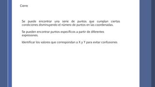 Cierre
Se puede encontrar una serie de puntos que cumplan ciertas
condiciones disminuyendo el número de puntos en las coordenadas.
Se pueden encontrar puntos específicos a partir de diferentes
expresiones.
Identificar los valores que correspondan a X y Y para evitar confusiones
 