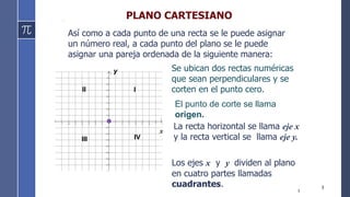 3
3
Los ejes x y y dividen al plano
en cuatro partes llamadas
cuadrantes.
Así como a cada punto de una recta se le puede asignar
un número real, a cada punto del plano se le puede
asignar una pareja ordenada de la siguiente manera:
La recta horizontal se llama eje x
y la recta vertical se llama eje y.
Se ubican dos rectas numéricas
que sean perpendiculares y se
corten en el punto cero.
− − − − − − −        
−
−
−
−
−
−
−
−







x
y
x
y
I
II
III IV
PLANO CARTESIANO
El punto de corte se llama
origen.
 