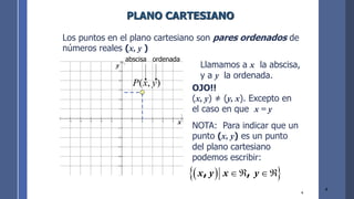 4
4
PLANO CARTESIANO
OJO!!
(x, y) ≠ (y, x). Excepto en
el caso en que x = y
Llamamos a x la abscisa,
y a y la ordenada.
Los puntos en el plano cartesiano son pares ordenados de
números reales (x, y )
NOTA: Para indicar que un
punto (x, y) es un punto
del plano cartesiano
podemos escribir:
( )
 
x y x y
, ,
 
x
y
− − − − −      
−
−
−
−
−
−





x
y
)
,
( y
x
P
abscisa ordenada
 