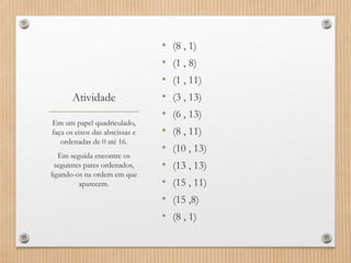 Atividade
• (8 , 1)
• (1 , 8)
• (1 , 11)
• (3 , 13)
• (6 , 13)
• (8 , 11)
• (10 , 13)
• (13 , 13)
• (15 , 11)
• (15 ,8)
• (8 , 1)
Em um papel quadriculado,
faça os eixos das abscissas e
ordenadas de 0 até 16.
Em seguida encontre os
seguintes pares ordenados,
ligando-os na ordem em que
aparecem.
 