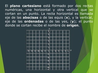 El plano cartesiano está formado por dos rectas
numéricas, una horizontal y otra vertical que se
cortan en un punto. La recta horizontal es llamada
eje de las abscisas o de las equis (x), y la vertical,
eje de las ordenadas o de las yes, (y); el punto
donde se cortan recibe el nombre de origen.
 