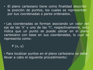 • El plano cartesiano tiene como finalidad describir
la posición de puntos, los cuales se representan
por sus coordenadas o pares ordenados.
• Las coordenadas se forman asociando un valor del
eje de las ‘X’ y uno de las ‘Y’, respectivamente, esto
indica que un punto se puede ubicar en el plano
cartesiano con base en sus coordenadas, lo cual se
representa como:
P (x, y)
• Para localizar puntos en el plano cartesiano se debe
llevar a cabo el siguiente procedimiento:
 