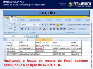 SOLUÇÃO
Analisando o layout do recorte do Excel, podemos
concluir que a posição do AZEITE é 3C.
MATEMÁTICA, 9º Ano
Pontos no plano cartesiano/pares ordenados
Imagem:VaniaTeofilo/CreativeCommonsAttribution-ShareAlike3.0Unported.
 