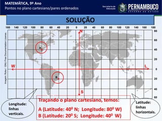 SOLUÇÃO
MATEMÁTICA, 9º Ano
Pontos no plano cartesiano/pares ordenados
Traçando o plano cartesiano, temos:
A (Latitude: 400 N; Longitude: 800 W)
B (Latitude: 200 S; Longitude: 400 W)
LW
Latitude:
linhas
horizontais.
Longitude:
linhas
verticais.
A
B
180160160 140140 120120 100100 80 806060 4020040 20
60
40
20
0
40
20
60
80N
S
Imagem:Roke/GNUFreeDocumentationLicense.
 