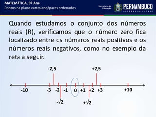 Quando estudamos o conjunto dos números
reais (R), verificamos que o número zero fica
localizado entre os números reais positivos e os
números reais negativos, como no exemplo da
reta a seguir.
MATEMÁTICA, 9º Ano
Pontos no plano cartesiano/pares ordenados
0 +1 +2 +3-1-2-3-10 +10
+2-2
+2,5-2,5
 