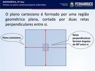 O plano cartesiano é formado por uma região
geométrica plana, cortada por duas retas
perpendiculares entre si.
MATEMÁTICA, 9º Ano
Pontos no plano cartesiano/pares ordenados
Retas
perpendiculares
formam ângulos
de 900 entre si.
Plano cartesiano.
 