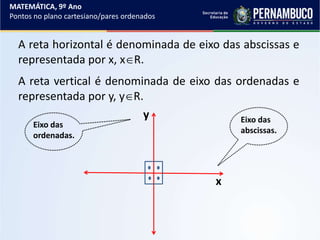 MATEMÁTICA, 9º Ano
Pontos no plano cartesiano/pares ordenados
A reta horizontal é denominada de eixo das abscissas e
representada por x, xR.
A reta vertical é denominada de eixo das ordenadas e
representada por y, yR.
x
y Eixo das
abscissas.
Eixo das
ordenadas.
 