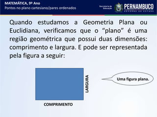 Quando estudamos a Geometria Plana ou
Euclidiana, verificamos que o “plano” é uma
região geométrica que possui duas dimensões:
comprimento e largura. E pode ser representada
pela figura a seguir:
MATEMÁTICA, 9º Ano
Pontos no plano cartesiano/pares ordenados
COMPRIMENTO
LARGURA
Uma figura plana.
 