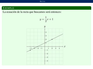 RECTAS
EJEMPLO
La ecuaci´on de la recta que buscamos ser´a entonces:
y =
1
2
x + 1
x
−4 −3 −2 −1 1 2 3 4
y
−4
−3
−2
−1
1
2
3
4
 