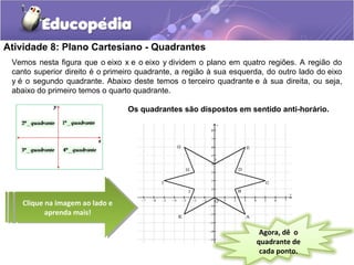 Atividade 8: Plano Cartesiano - Quadrantes
Vemos nesta figura que o eixo x e o eixo y dividem o plano em quatro regiões. A região do
canto superior direito é o primeiro quadrante, a região à sua esquerda, do outro lado do eixo
y é o segundo quadrante. Abaixo deste temos o terceiro quadrante e à sua direita, ou seja,
abaixo do primeiro temos o quarto quadrante.
Os quadrantes são dispostos em sentido anti-horário.
Clique na imagem ao lado e
aprenda mais!
Clique na imagem ao lado e
aprenda mais!
Agora, dê o
quadrante de
cada ponto.
 
