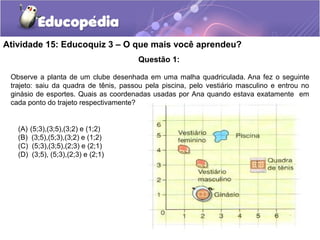 Atividade 15: Educoquiz 3 – O que mais você aprendeu?
Questão 1:
Observe a planta de um clube desenhada em uma malha quadriculada. Ana fez o seguinte
trajeto: saiu da quadra de tênis, passou pela piscina, pelo vestiário masculino e entrou no
ginásio de esportes. Quais as coordenadas usadas por Ana quando estava exatamente em
cada ponto do trajeto respectivamente?
(A) (5;3),(3;5),(3;2) e (1;2)
(B) (3;5),(5;3),(3;2) e (1;2)
(C) (5;3),(3;5),(2;3) e (2;1)
(D) (3;5), (5;3),(2;3) e (2;1)
 