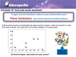 Atividade 16: Você está sendo desafiado!
A seguir você será desafiado a utilizar os seus conhecimentos sobre
para resolver algumas situações-problema.
A figura abaixo ilustra as localizações de alguns pontos no plano. João sai do ponto X, anda
20 m para a direita, 30 m para cima, 40 m para a direita e 10 m para baixo.
Ao final do trajeto, João estará em qual ponto?
Clique aqui
e divirta-se!
Clique aqui
e divirta-se!
 