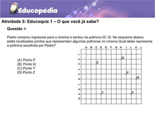 Atividade 5: Educoquiz 1 – O que você já sabe?
Questão 1:
Pedro comprou ingressos para o cinema e sentou na poltrona (D; 9). No esquema abaixo,
estão localizados pontos que representam algumas poltronas no cinema.Qual deles representa
a poltrona escolhida por Pedro?
(A) Ponto P
(B) Ponto Q
(C) Ponto Y
(D) Ponto Z
 