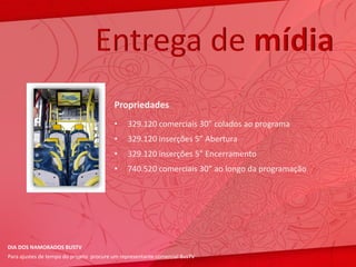 Entrega de mídia
                                         Propriedades
                                         •    329.120 comerciais 30” colados ao programa
                                         •    329.120 inserções 5” Abertura
                                         •    329.120 inserções 5” Encerramento
                                         •    740.520 comerciais 30” ao longo da programação




DIA DOS NAMORADOS BUSTV
Para ajustes de tempo do projeto procure um representante comercial BusTV
 