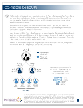 COMISSÕES DE EQUIPE
Qualquer ganho mencionado no material de marketing daTalk Fusion não é necessariamente
representativo da renda, se existente, que um Sócio da Talk Fusion pode ou irá ganhar com
a sua participação no Plano de Compensação da Talk Fusion. Todas as referências relativas
a ganhos, implícitas ou declaradas, feitas pelo Plano de Compensação da Talk Fusion têm
fins ilustrativos. Esses números não devem ser considerados como garantia ou projeções
de ganhos ou lucros reais. A Talk Fusion NÃO garante nenhum nível de ganho ou renda a
nenhum Sócio; qualquer representação ou garantia de ganho seria enganosa.
4
As Comissões de Equipe são outro aspecto importante do Plano e CompensaçãoTalk Fusion. Como
um Sócio Novo, você irá querer divulgar os produtos daTalk Fusion com novos Clientes a fim de
começar a ganhar dinheiro imediatamente.Você também ajudará a sua empresa a gerar volume
através da venda de produtos.
As Comissões de Equipe são calculadas através da árvore binária, a qual tem dois ramos: um
esquerdo e um direito.Você será compensado com base no sua capacidade de gerarVolume de
Vendas em Grupo (VVG) dentro da árvore binária.
Você deve ser um Sócio Ativo e Qualificado para ser elegível a ganhar Comissões de Equipe. Quando
você tem um mínimo de 100Volumes deVendas em cada um dos ramos da sua árvore binária, você
ganhará uma Comissão de Ciclo no valor de $25 dólares. QualquerVolume deVenda em Grupo não
pago é levado adiante, conquanto você permaneça Ativo.
Embora os Bônus de Equipe possam ser ganhos por ser um Associado Executivo, você poderá
maximizar o Plano de Compensação por ser um Associado Pro.
Neste exemplo, como Associado Pro
terá 1000 SV à esquerda e 1000 SV à
Direita. Você poderá ganhar
US$ 250 baseado em 10 ciclos.
INICIANTE = 50 SV
EXECUTIVO = 100 SV
ELITE = 300 SV
PRO = 600 SV
 