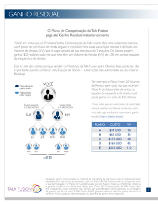 GANHO RESIDUAL
Qualquer ganho mencionado no material de marketing daTalk Fusion não é necessariamente
representativo da renda, se existente, que um Sócio da Talk Fusion pode ou irá ganhar com
a sua participação no Plano de Compensação da Talk Fusion. Todas as referências relativas
a ganhos, implícitas ou declaradas, feitas pelo Plano de Compensação da Talk Fusion têm
fins ilustrativos. Esses números não devem ser considerados como garantia ou projeções
de ganhos ou lucros reais. A Talk Fusion NÃO garante nenhum nível de ganho ou renda a
nenhum Sócio; qualquer representação ou garantia de ganho seria enganosa.
5
Por exemplo, o Plano A tem 20Volumes
deVendas, assim cada vez que você tem
Plano A de Subscrições de ambas as
equipes da esquerda e da direita, você
pode ganhar um ciclo de $25 dólares.
*
Favor notar que um outro plano de subscrição
mensal acarreta um Volume de Vendas ainda
mais alto, cujo resultado é maior que o ganho
residual. (veja a tabela abaixo)
O Plano de Compensação daTalk Fusion
paga até Ganho Residual instantaneamente
Tendo em vista que os ProdutosVídeo Comunicação daTalk Fusion têm uma subscrição mensal,
você pode ter um fluxo de renda regular e confiável. Para cada subscrição mensal é definida um
Volume deVendas (VV) que é pago através da sua estrutura de 2 equipes. Os Sócios podem
ganhar $25 dólares cada vez que eles têm umVolume deVendas (VV) de 100 em ambas equipes
da esquerda e da direita.
Esta é uma das razões porque vender os Produtos daTalk Fusion para Clientes leais pode ser tão
importante quanto construir uma Equipe de Sócios – subscrições são adicionadas ao seu Ganho
Residual.
	PLANO	 CUSTO	 VV
		 A	 $35 USD	 20
	 B	 $65 USD	 35
	 C	 $115 USD	 60
	 D	 $165 USD	 85
	 E	 $215 USD	 110
 