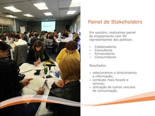 Em outubro, realizamos painel
de engajamento com 50
representantes dos públicos:
» Colaboradores
» Consultoras
» Fornecedores
» Consumidores
Resultados
» selecionamos e direcionamos
a informação;
» conteúdo mais focado e
conciso;
» utilização de outros veículos
de comunicação.
Painel de Stakeholders
 