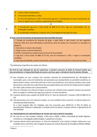 5 O aluno mede a temperatura;
6 O funcionário desinfeta as mãos;
7 Em caso de temperatura ≥ 38℃ a funcionária liga para o Coordenador do Grupo Coordenador do
Plano ou alguém que o substitua e aguarda pela sua chegada.
↓
II
8 O Coordenador liga para a linha Saúde 24 (808 24 24 24) e age em conformidade com as
orientações recebidas;
9 O Coordenador providencia o contacto com o Encarregado de Educação do aluno.
3º Caso: Caso do funcionário do Agrupamento (Docente/Não Docente)
1. Tomada de consciência de sintomas da gripe, a saber febre e, pelo menos, um dos seguintes
sintomas: falta de ar e/ou dificuldades respiratórias, dores de cabeça, dor musculares ou secreções na
garganta;
2. Autocoloca a máscara de proteção;
3. Dirige-se para a sala de isolamento;
4.Verifica a temperatura corporal (recorrendo ao kit de proteção);
5. Liga para a linha Saúde 24 (808 24 24 24), caso de temperatura ≥ 38℃, e segue as orientações
recebidas;
6. Caso seja aconselhado, ausenta-se da escola, comunicando ao funcionário o motivo da sua saída.
2
Procedimentos Específicos dos Jardins de Infância
No final de cada utilização da sala de isolamento, o primeiro comunica ao Chefe de Pessoal Auxiliar que
deve providenciar a limpeza/desinfeção da mesma uma hora após a retirada do local do doente infetado.
(1) Nas situações em que a pessoa com sintomas necessita de acompanhamento (ex. dificuldade de
locomoção), para a zona de isolamento, a(s) pessoas(s) que acompanha(m) ou presta(m) assistência ao
doente devem colocar, momentos antes de se iniciar esta assistência, uma máscara cirúrgica, luvas e bata
descartáveis, para além do cumprimento das precauções básicas de controlo de infeção quanto à higiene
das mãos, após contacto com a pessoa doente.
(2) Deve ser colocado uma máscara cirúrgica na pessoa com sintomas (caso suspeito). Sempre que possível
deve-se assegurar a distância de segurança superior a 1 metro do doente.
(3) A pessoa doente (caso suspeito de COVID-19) já na “área de isolamento” contacta o SNS 24 (808 24 24
24).
(4) Esta pessoa deve usar uma máscara cirúrgica, se a sua condição clínica o permitir. A máscara deverá ser
colocada pela própria pessoa.
Se o Caso Suspeito Não For Validado, este fica encerrado para COVID-19. O SNS 24 define os
procedimentos habituais e adequados à situação clínica da pessoa. A pessoa informa o Agrupamento da
não validação.
10. PROCEDIMENTO NA CIRCUNSTÂNCIA DE HAVER UM CASO SUSPEITO VALIDADO
(1) No caso de um Caso Suspeito Validado, a DGS ativa o INEM, o INSA e Autoridade de Saúde Regional,
iniciando-se a investigação epidemiológica e a gestão de contactos.
(2) A pessoa doente deverá permanecer na “área de isolamento” (com máscara cirúrgica, desde que a sua
condição clínica o permita), até à chegada da equipa do Instituto Nacional de Emergência Médica (INEM),
2 Anexo I
 