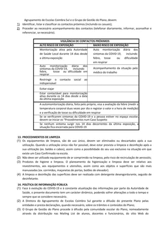 Agrupamento de Escolas Coimbra Sul e o Grupo de Gestão do Plano, devem:
1) Identificar, listar e classificar os contactos próximos (incluindo os casuais);
2) Proceder ao necessário acompanhamento dos contactos (telefonar diariamente, informar, aconselhar e
referenciar, se necessário).
VIGILÂNCIA DE CONTACTOS PRÓXIMOS
ALTO RISCO DE EXPOSIÇÃO BAIXO RISCO DE EXPOSIÇÃO
Monitorização ativa pela Autoridade
de Saúde Local durante 14 dias desde
a última exposição
Auto monitorização diária dos
sintomas da COVID-19, incluindo
febre, tosse ou dificuldade
em respirar
Auto monitorização diária dos
sintomas da COVID-19, incluindo
febre, tosse ou dificuldade em
respirar
Acompanhamento da situação pelo
médico do trabalho
Restringir o contacto social ao
indispensável
Evitar viajar
Estar contactável para monitorização
ativa durante os 14 dias desde a data
da última exposição
A automonitorização diária, feita pelo próprio, visa a avaliação da febre (medir a
temperatura corporal duas vezes por dia e registar o valor e a hora de medição)
e a verificação de tosse ou dificuldade em respirar
Se se verificarem sintomas da COVID-19 e a pessoa estiver no espaço escolar,
devem-se iniciar os “Procedimentos num Caso Suspeito
Se nenhum sintoma surgir nos 14 dias decorrentes da última exposição, a
situação fica encerrada para COVID-19
13. PROCEDIMENTOS DE LIMPEZA
(1) Os equipamentos de limpeza, são de uso único, devem ser eliminados ou descartados após a sua
utilização. Quando a utilização única não for possível, deve estar prevista a limpeza e desinfeção após a
sua utilização (ex. baldes e cabos), assim como a possibilidade do seu uso exclusivo na situação em que
existe um Caso Confirmado na escola.
(2) Não deve ser utilizado equipamento de ar comprimido na limpeza, pelo risco de recirculação de aerossóis;
(3) Produtos de higiene e limpeza. O planeamento da higienização e limpeza deve ser relativo aos
revestimentos, aos equipamentos e utensílios, assim como aos objetos e superfícies que são mais
manuseadas (ex. corrimãos, maçanetas de portas, botões de elevador).
(4) A limpeza e desinfeção das superfícies deve ser realizada com detergente desengordurante, seguido de
desinfetante.
14. POLÍTICA DE INFORMAÇÃO PÚBLICA
(1) Face à evolução do COVID-19 e à constante atualização das informações por parte da Autoridade de
Saúde, o presente documento tem um carácter dinâmico, podendo sofrer alterações a todo o tempo e
sempre que se considere necessário.
(2) A Diretora do Agrupamento de Escolas Coimbra Sul garante a difusão do presente Plano pelas
entidades e presta declarações, quando necessário, sobre os trâmites e conteúdos do Plano;
(3) O Grupo de Gestão do Plano procede à difusão pela comunidade escolar do Plano, nomeadamente
através da distribuição nas Mailing List de alunos, docentes e funcionários, do sítio Web do
 
