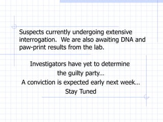 Suspects currently undergoing extensive interrogation.  We are also awaiting DNA and paw-print results from the lab. Investigators have yet to determine  the guilty party… A conviction is expected early next week… Stay Tuned 